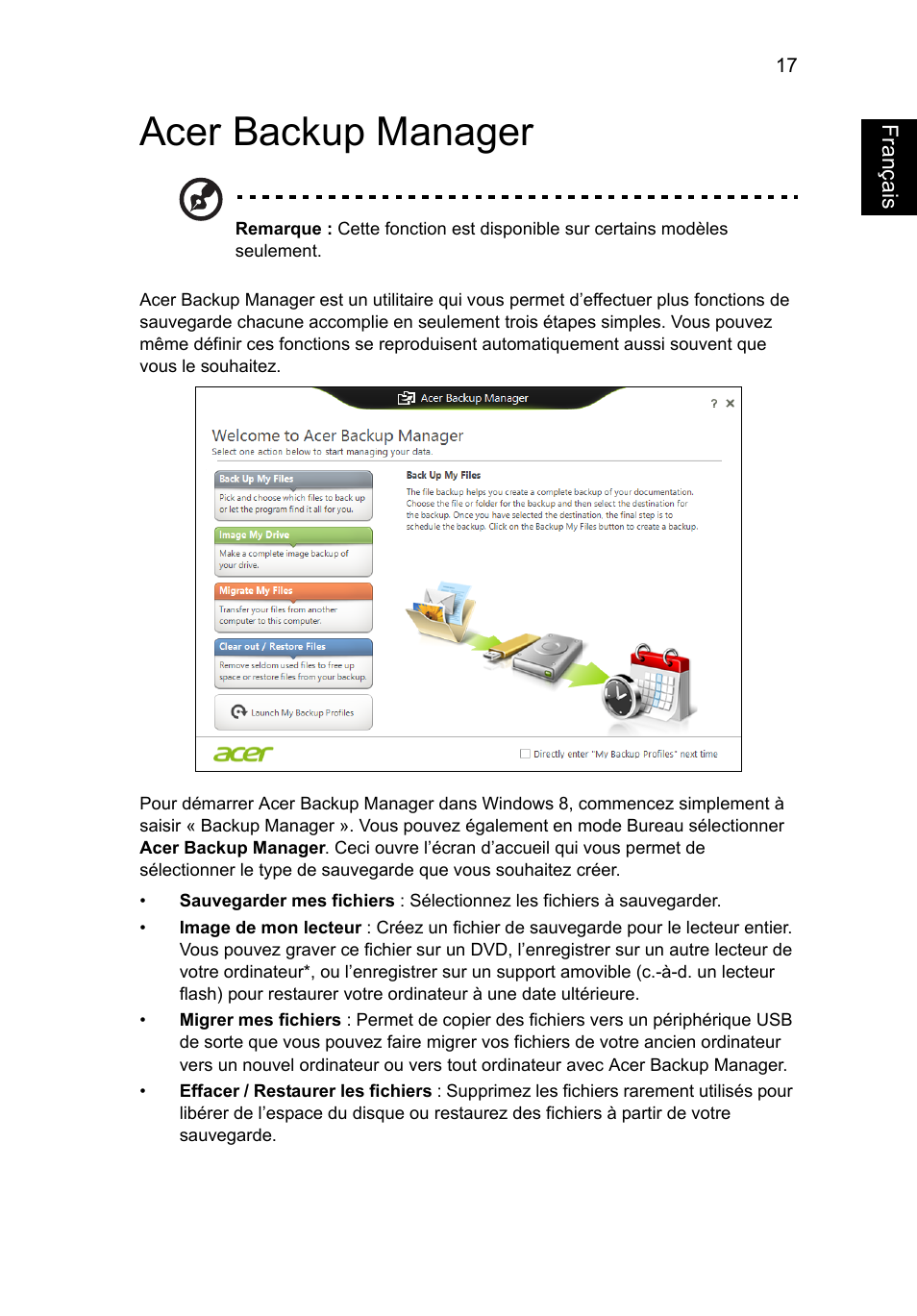 Acer backup manager, Français | Acer Aspire V5-131 User Manual | Page 109 / 2228