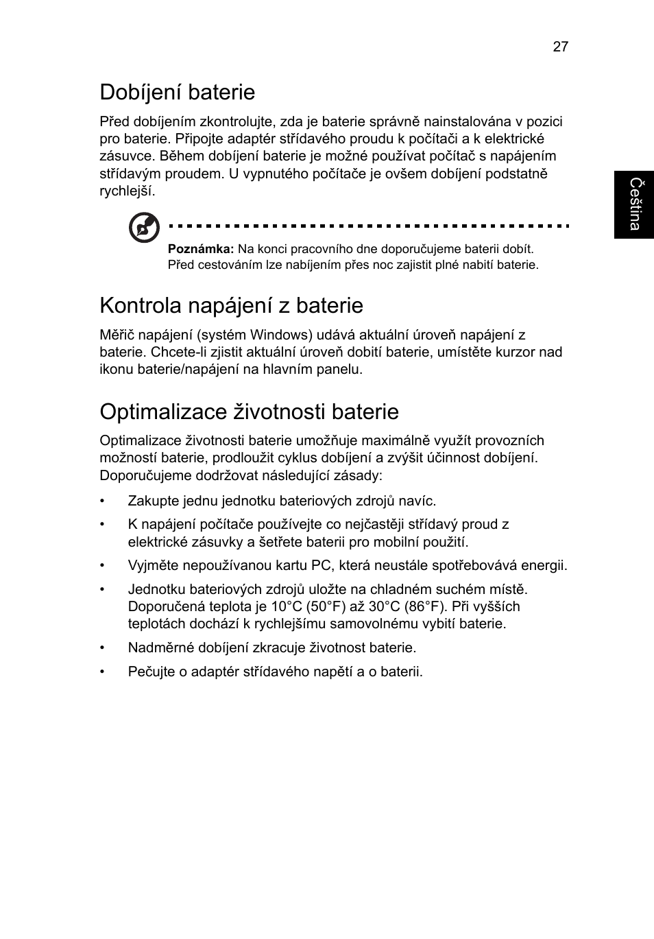 Dobíjení baterie, Kontrola napájení z baterie, Optimalizace životnosti baterie | Acer Aspire V5-131 User Manual | Page 1105 / 2228