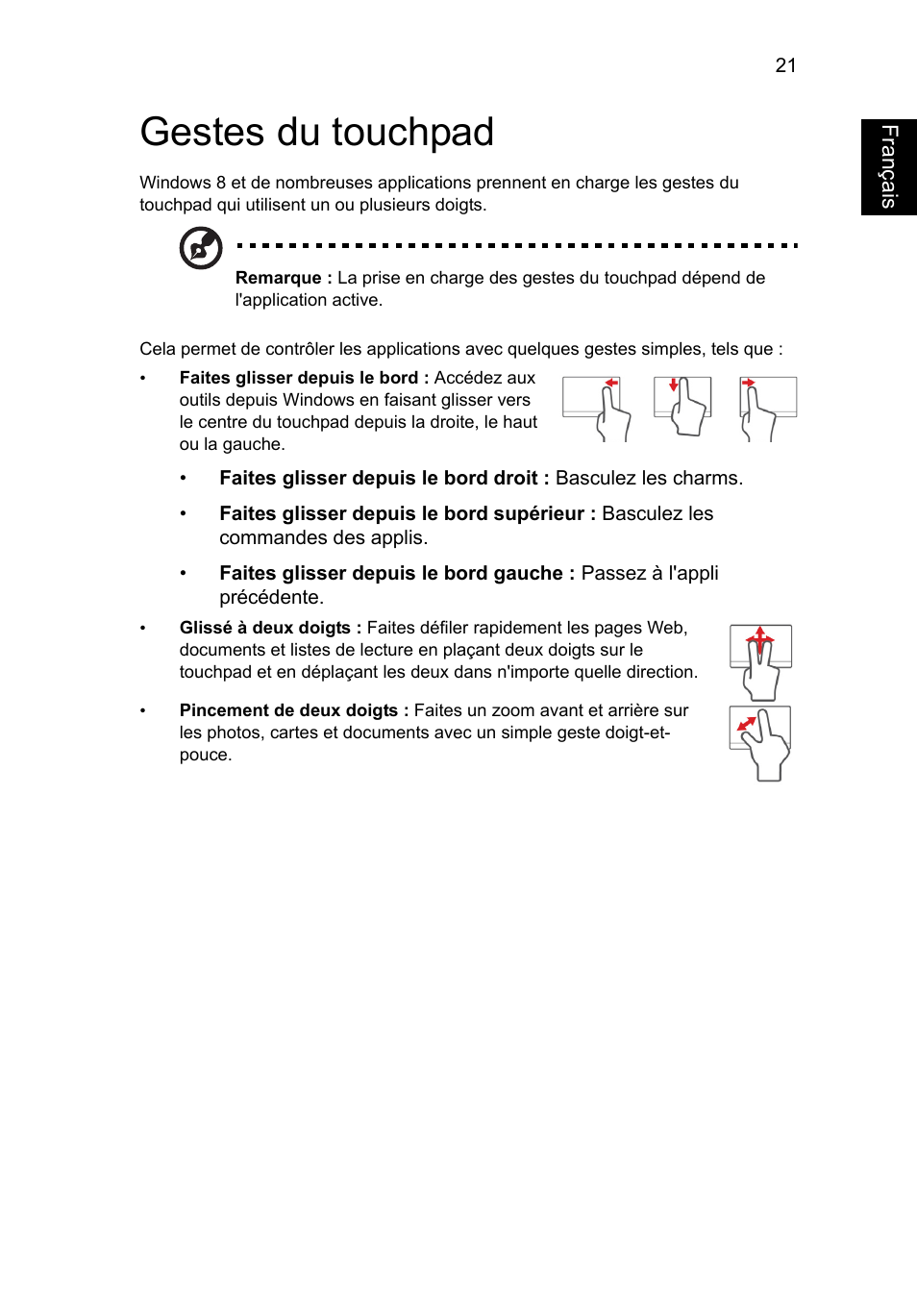 Gestes du touchpad, Français | Acer Aspire V5-131 User Manual | Page 113 / 2228