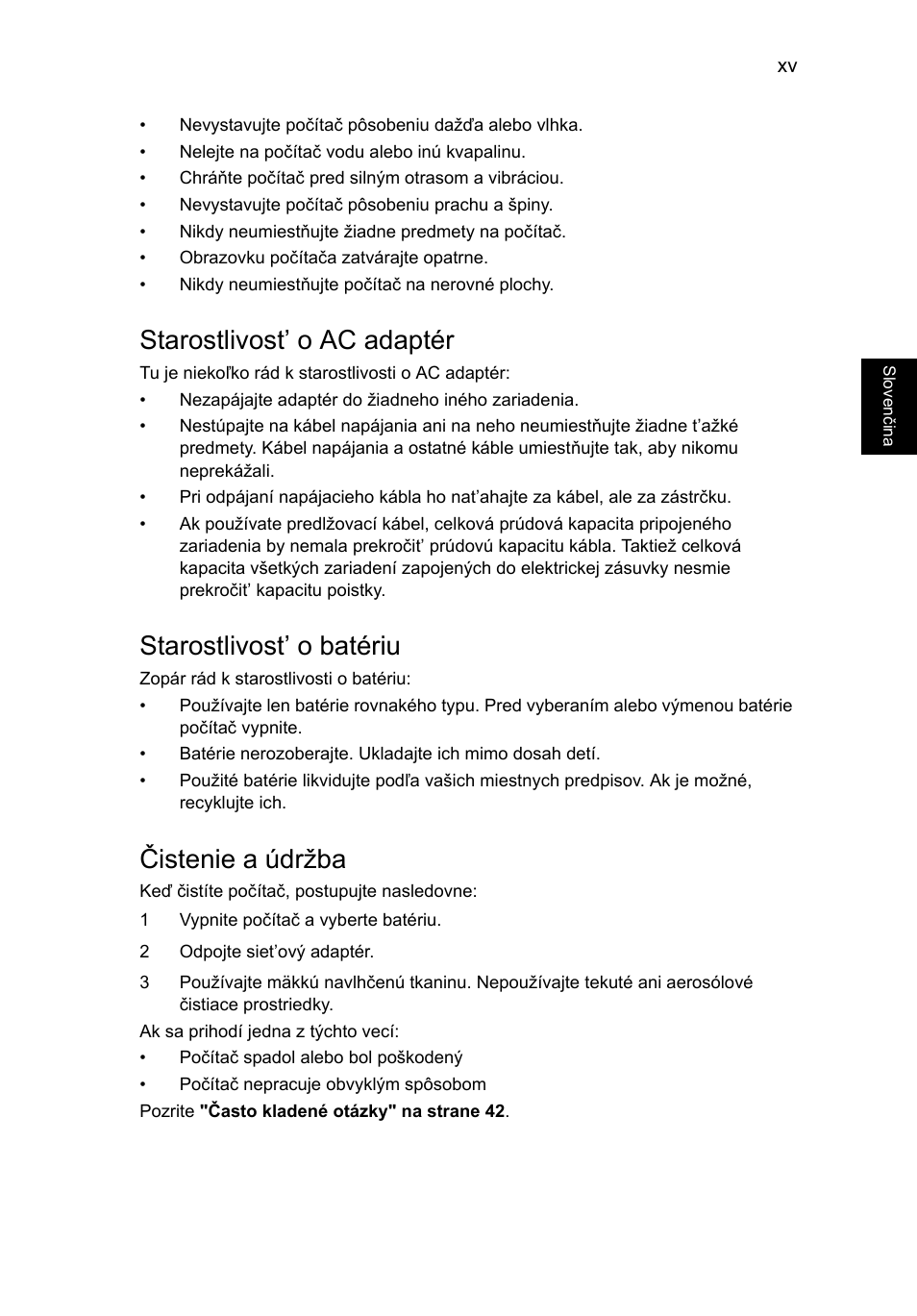 Starostlivost’ o ac adaptér, Starostlivost’ o batériu, Čistenie a údržba | Acer Aspire V5-131 User Manual | Page 1145 / 2228