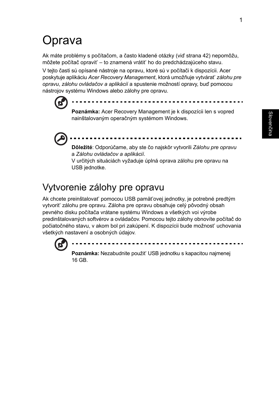 Oprava, Vytvorenie zálohy pre opravu | Acer Aspire V5-131 User Manual | Page 1151 / 2228