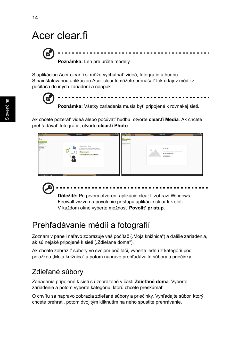 Acer clear.fi, Prehľadávanie médií a fotografií, Zdieľané súbory | Acer Aspire V5-131 User Manual | Page 1164 / 2228