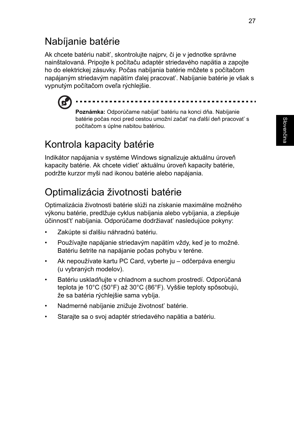 Nabíjanie batérie, Kontrola kapacity batérie, Optimalizácia životnosti batérie | Acer Aspire V5-131 User Manual | Page 1177 / 2228