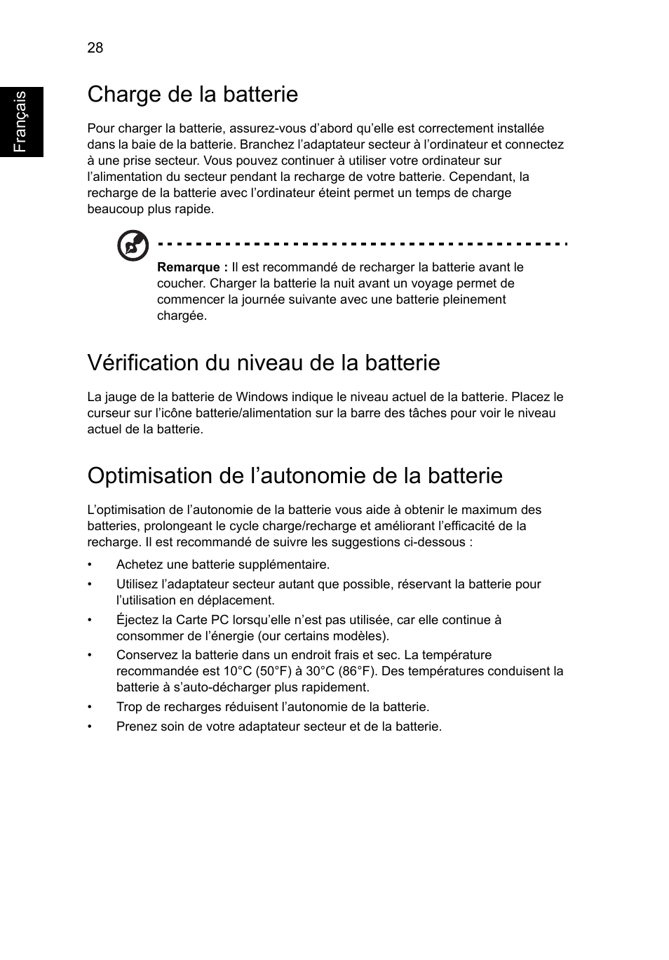 Charge de la batterie, Vérification du niveau de la batterie, Optimisation de l’autonomie de la batterie | Acer Aspire V5-131 User Manual | Page 120 / 2228