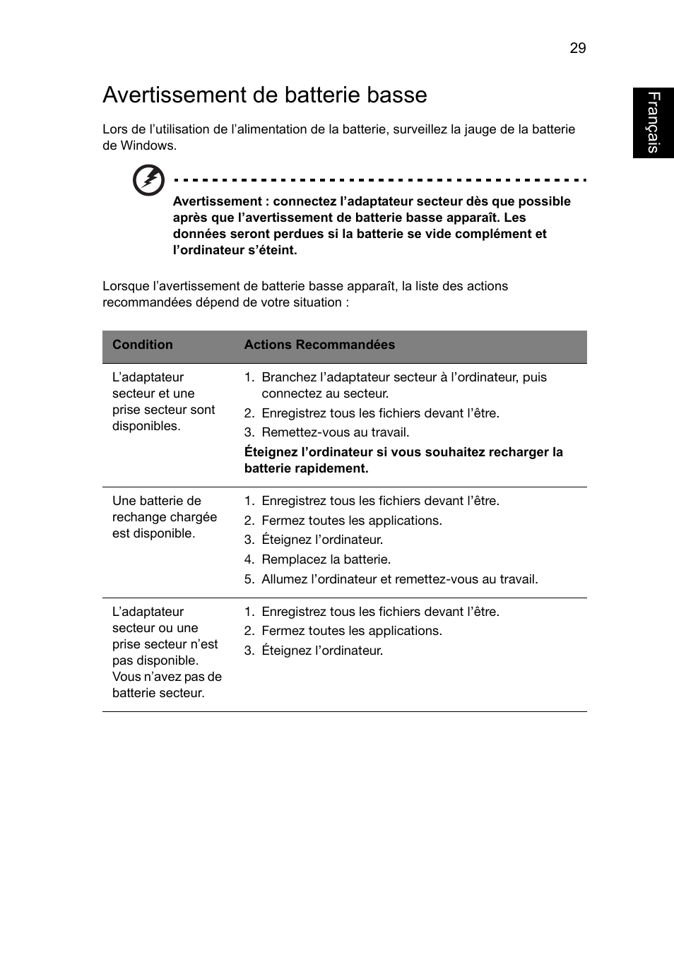 Avertissement de batterie basse, Français | Acer Aspire V5-131 User Manual | Page 121 / 2228