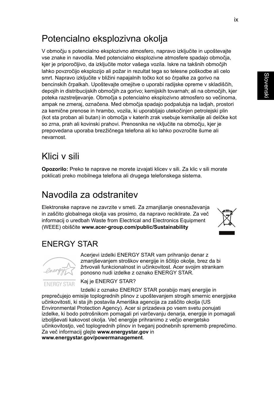 Potencialno eksplozivna okolja, Klici v sili, Navodila za odstranitev | Energy star | Acer Aspire V5-131 User Manual | Page 1213 / 2228