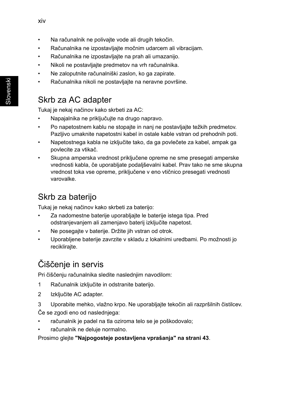 Skrb za ac adapter, Skrb za baterijo, Čiščenje in servis | Acer Aspire V5-131 User Manual | Page 1218 / 2228