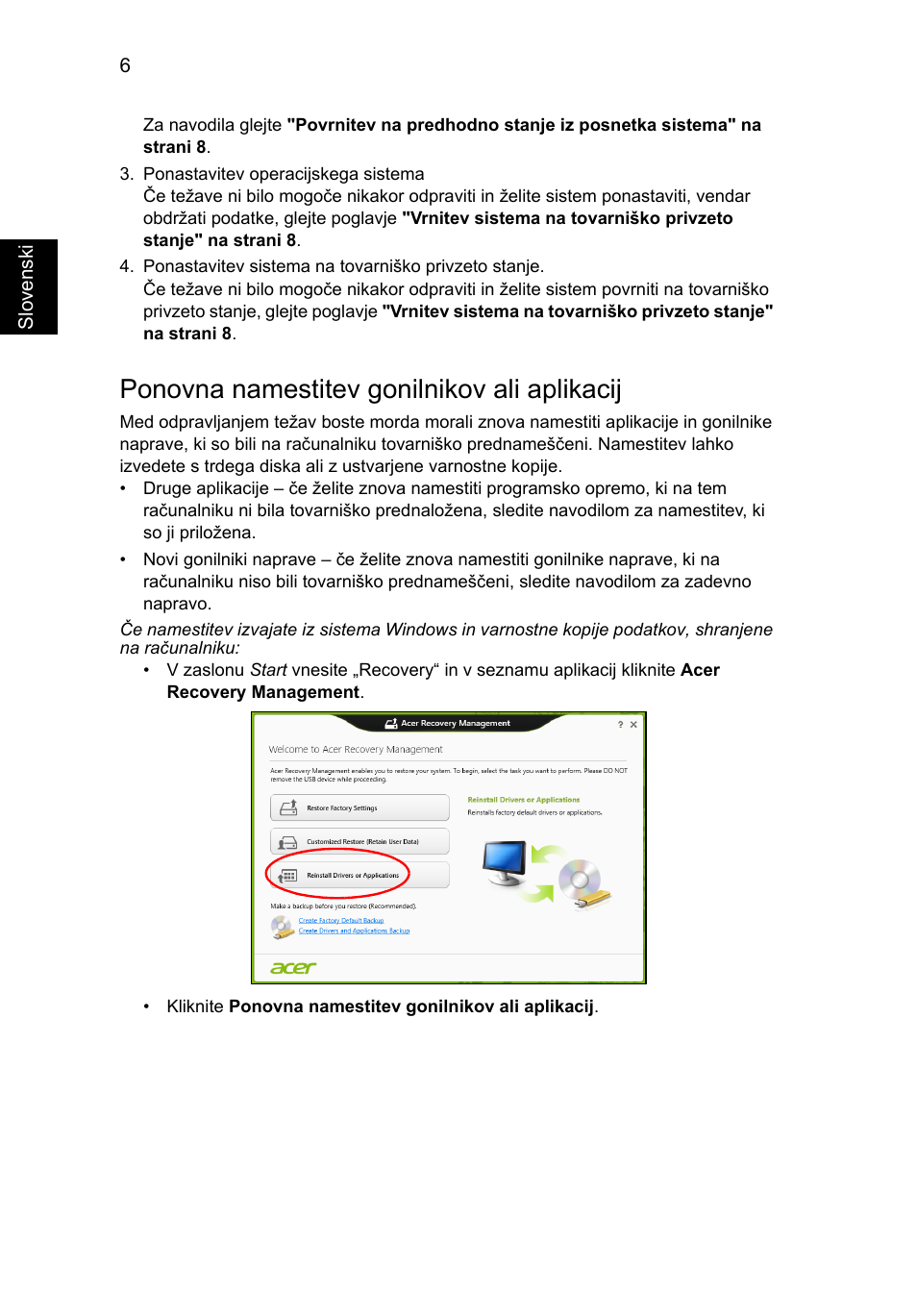 Ponovna namestitev gonilnikov ali aplikacij | Acer Aspire V5-131 User Manual | Page 1228 / 2228