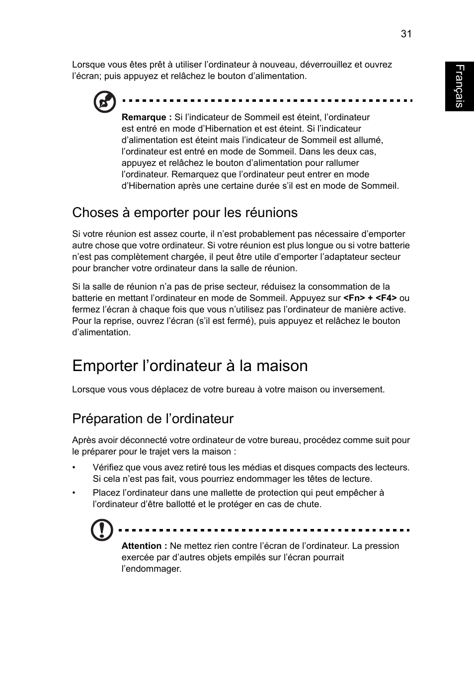 Emporter l’ordinateur à la maison, Choses à emporter pour les réunions, Préparation de l’ordinateur | Français | Acer Aspire V5-131 User Manual | Page 123 / 2228