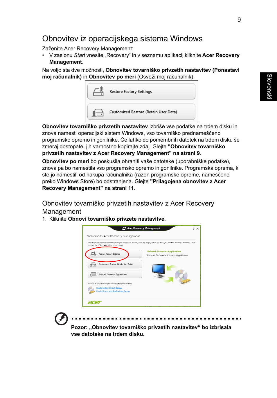 Obnovitev iz operacijskega sistema windows | Acer Aspire V5-131 User Manual | Page 1231 / 2228