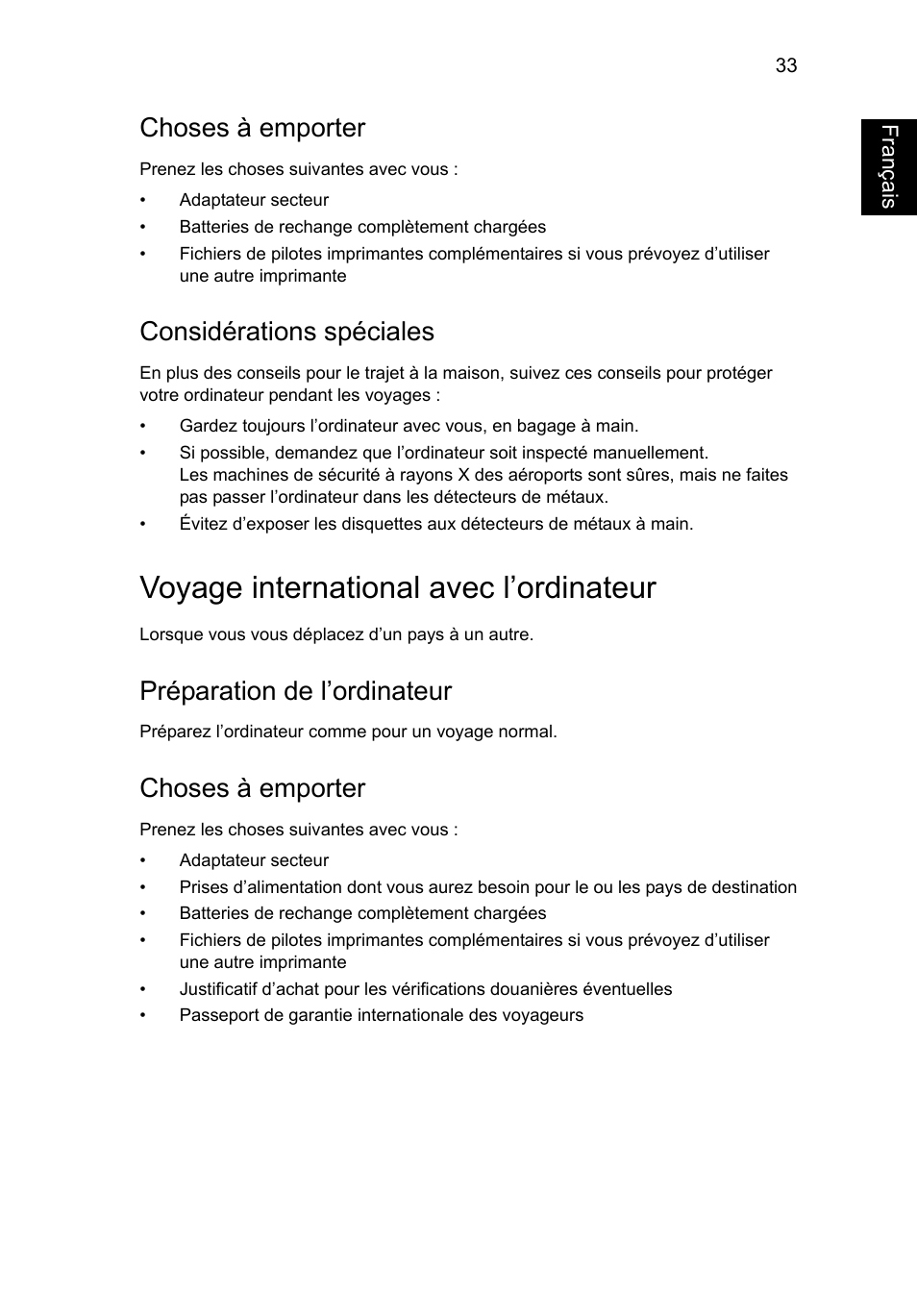 Voyage international avec l’ordinateur, Choses à emporter, Considérations spéciales | Préparation de l’ordinateur, Français | Acer Aspire V5-131 User Manual | Page 125 / 2228