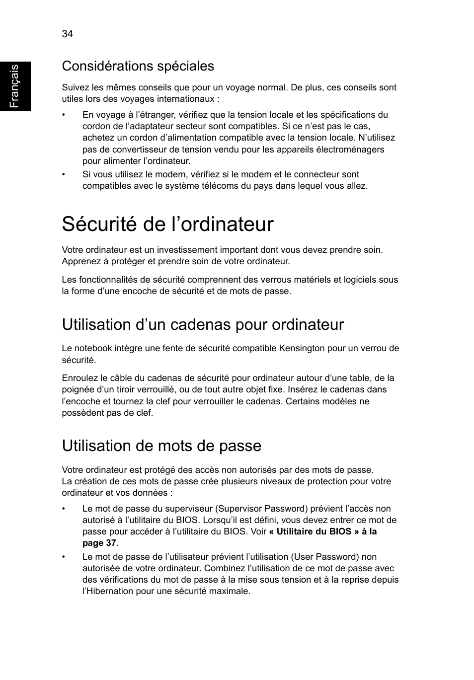 Sécurité de l’ordinateur, Utilisation d’un cadenas pour ordinateur, Utilisation de mots de passe | Considérations spéciales | Acer Aspire V5-131 User Manual | Page 126 / 2228