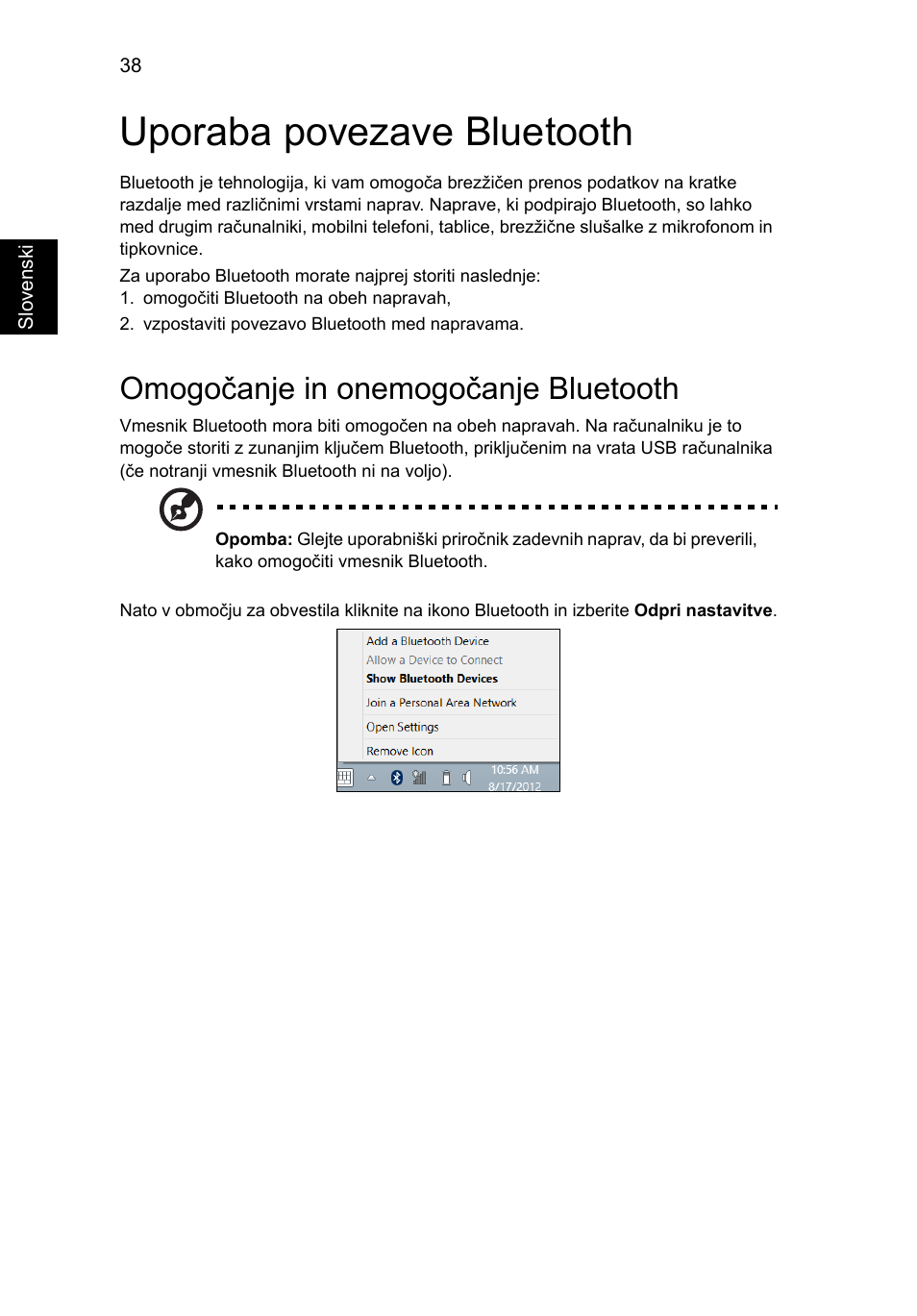 Uporaba povezave bluetooth, Omogočanje in onemogočanje bluetooth | Acer Aspire V5-131 User Manual | Page 1260 / 2228