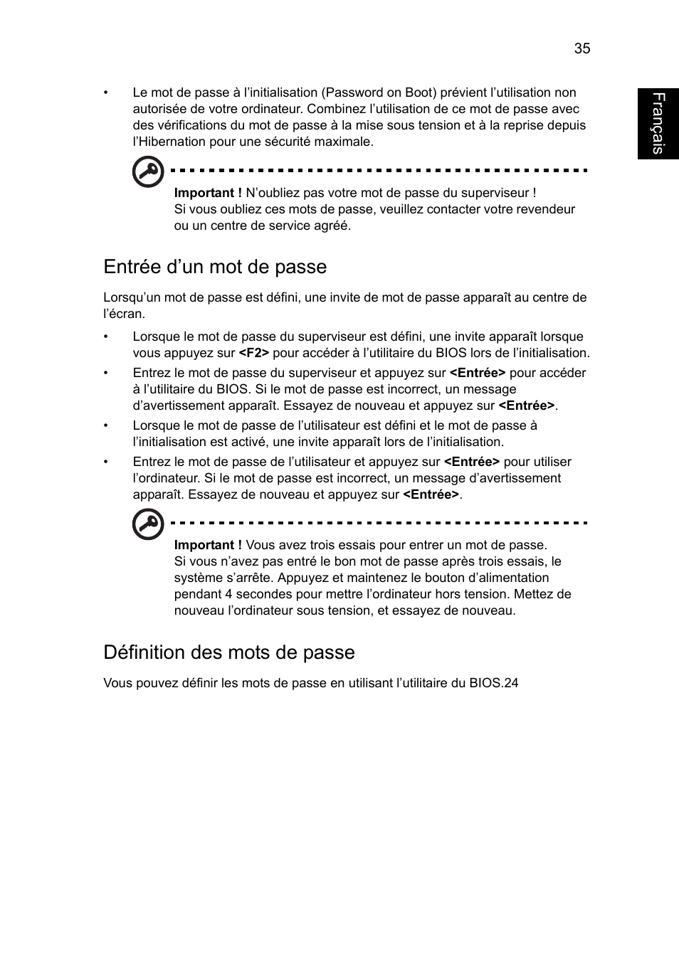 Entrée d’un mot de passe, Définition des mots de passe, Français | Acer Aspire V5-131 User Manual | Page 127 / 2228