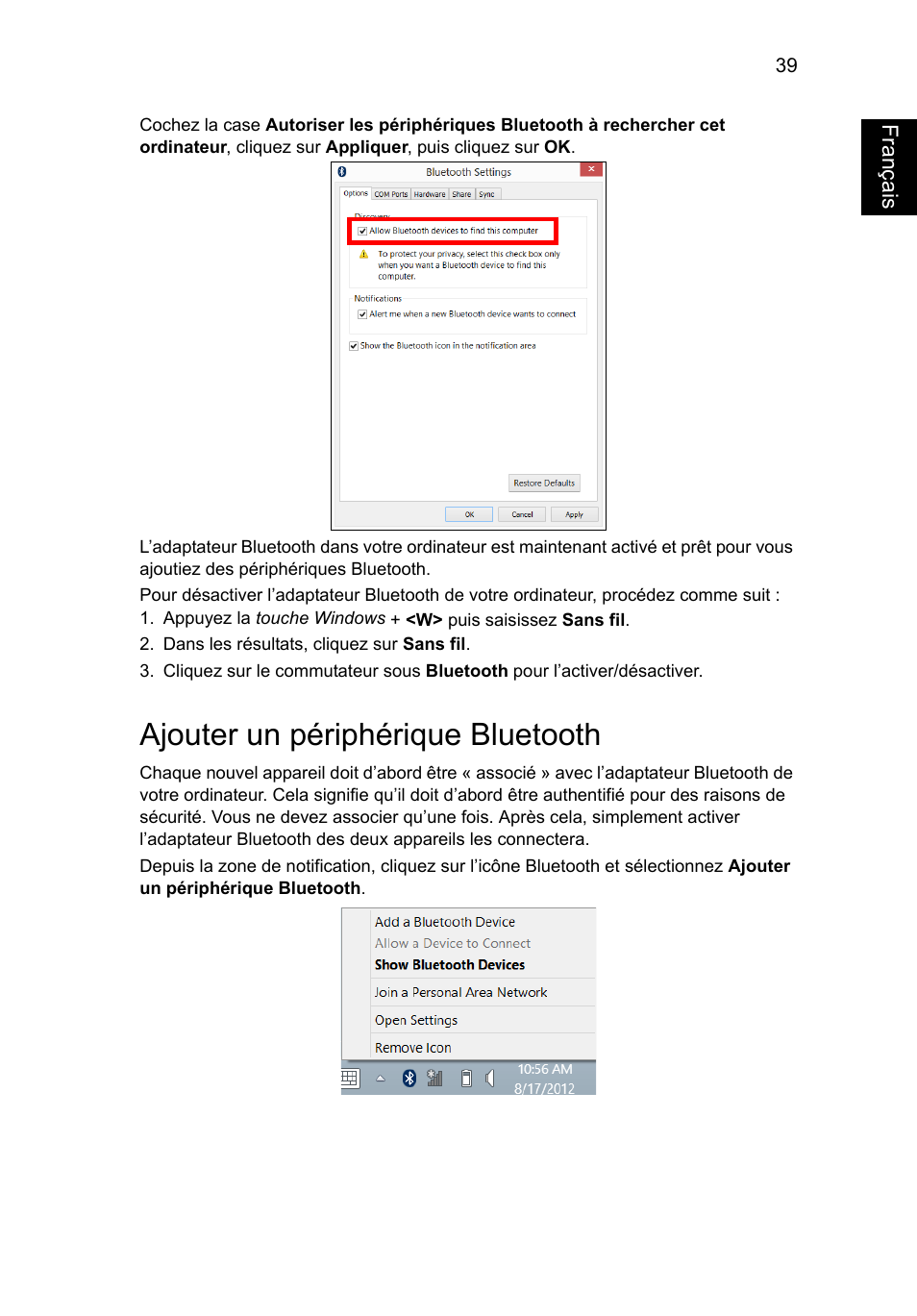 Ajouter un périphérique bluetooth, Français | Acer Aspire V5-131 User Manual | Page 131 / 2228