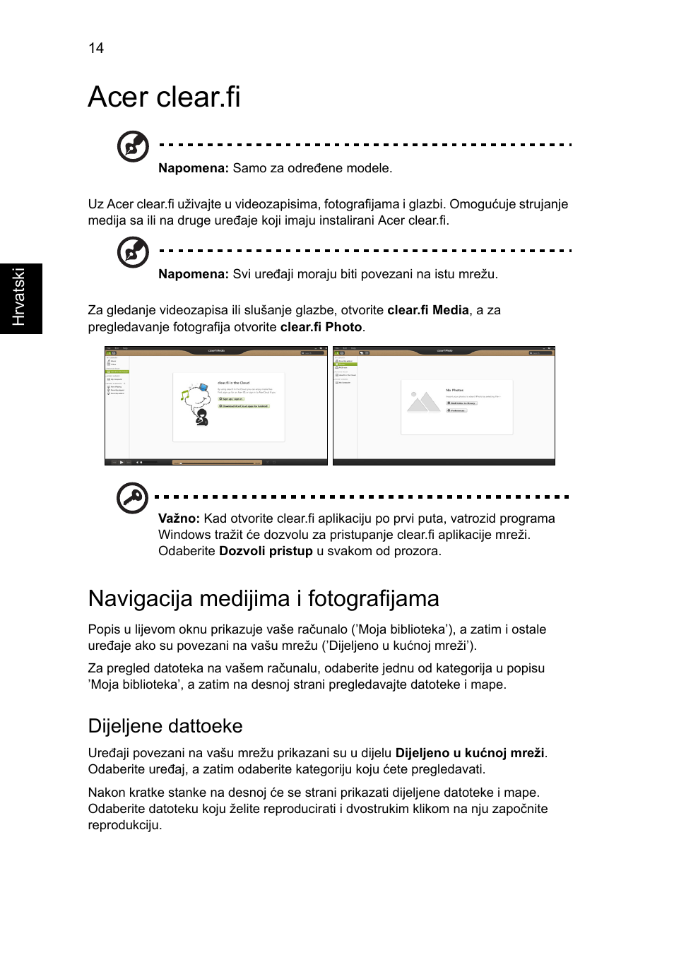 Acer clear.fi, Navigacija medijima i fotografijama, Dijeljene dattoeke | Acer Aspire V5-131 User Manual | Page 1310 / 2228