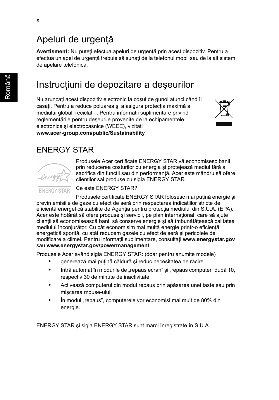 Apeluri de urgenţă, Instrucţiuni de depozitare a deşeurilor, Energy star | Acer Aspire V5-131 User Manual | Page 1360 / 2228