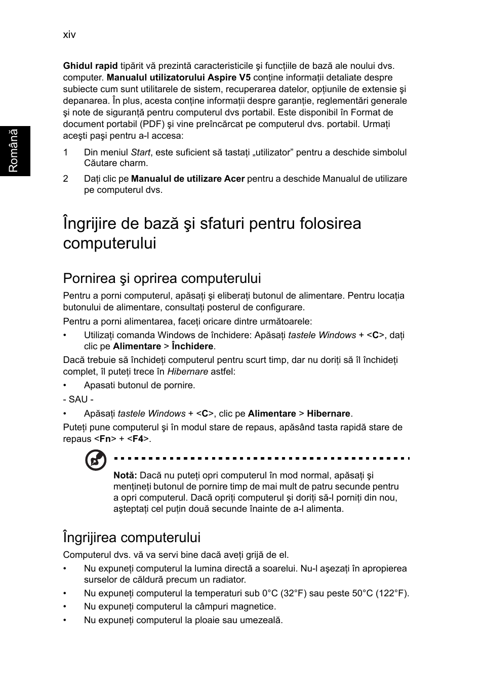 Pornirea şi oprirea computerului, Îngrijirea computerului | Acer Aspire V5-131 User Manual | Page 1364 / 2228