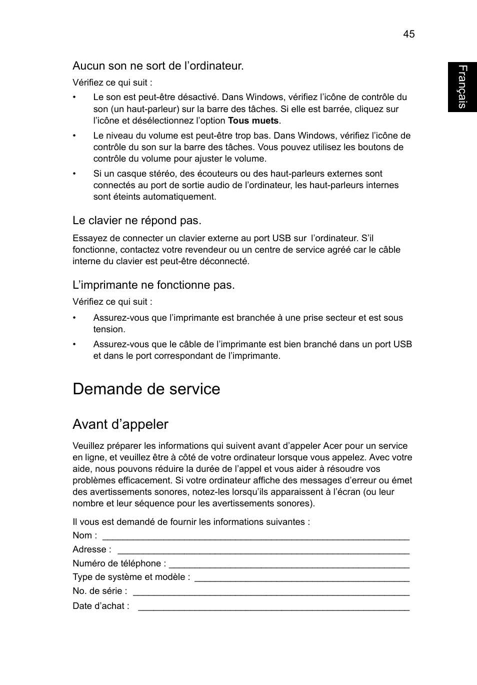 Demande de service, Avant d’appeler, Français | Acer Aspire V5-131 User Manual | Page 137 / 2228