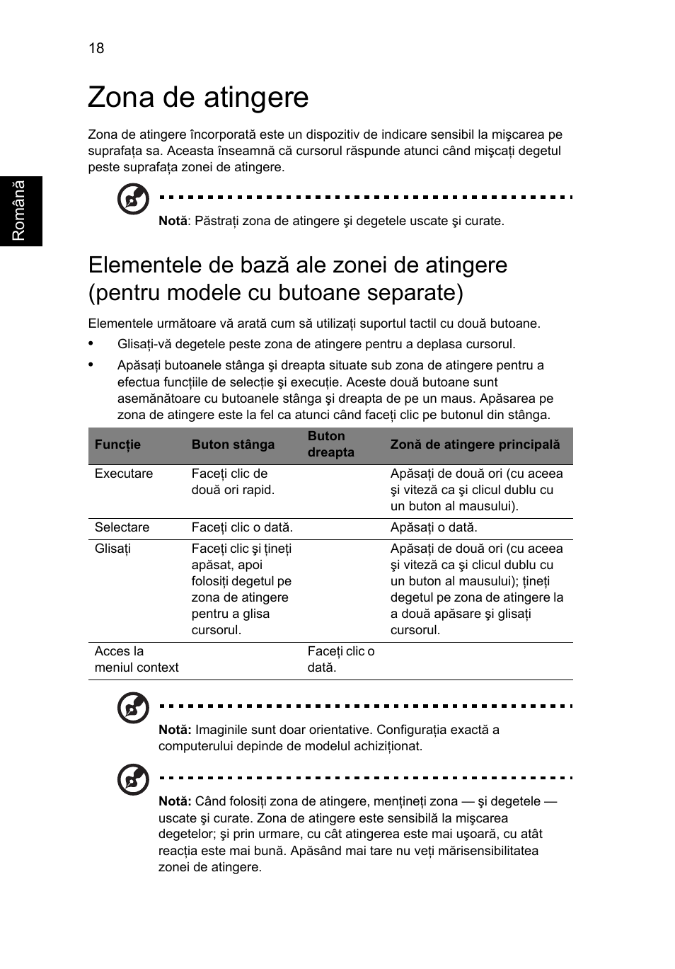 Zona de atingere, Elementele de bază ale zonei de atingere, Pentru modele cu butoane separate) | Acer Aspire V5-131 User Manual | Page 1388 / 2228