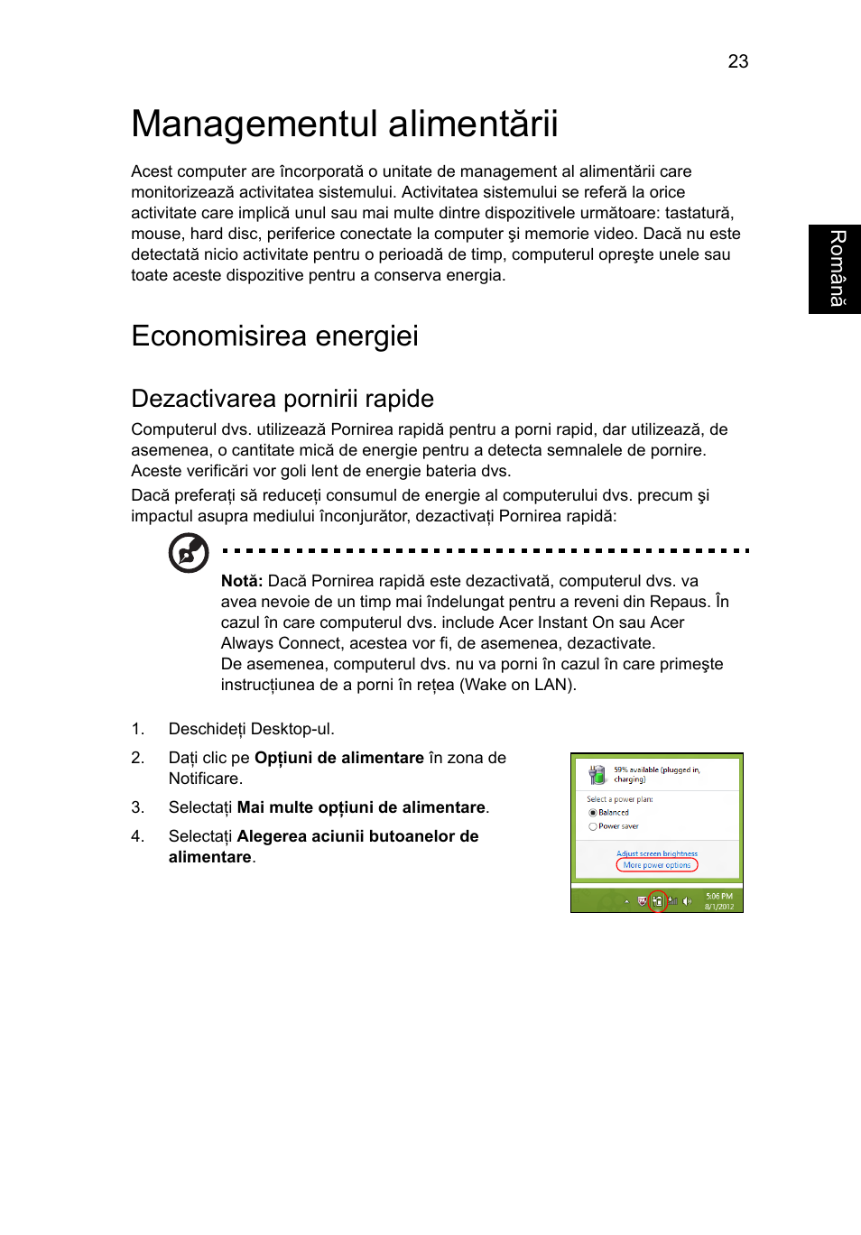 Managementul alimentării, Economisirea energiei, Dezactivarea pornirii rapide | Acer Aspire V5-131 User Manual | Page 1393 / 2228