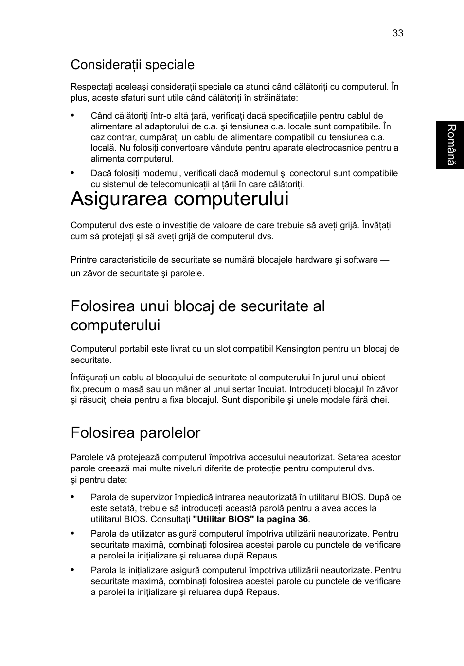 Asigurarea computerului, Folosirea parolelor, Consideraţii speciale | Acer Aspire V5-131 User Manual | Page 1403 / 2228