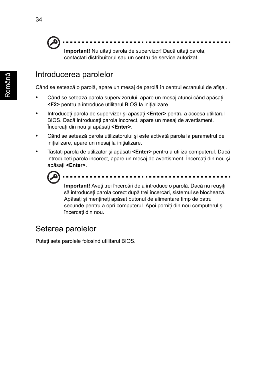 Introducerea parolelor, Setarea parolelor | Acer Aspire V5-131 User Manual | Page 1404 / 2228