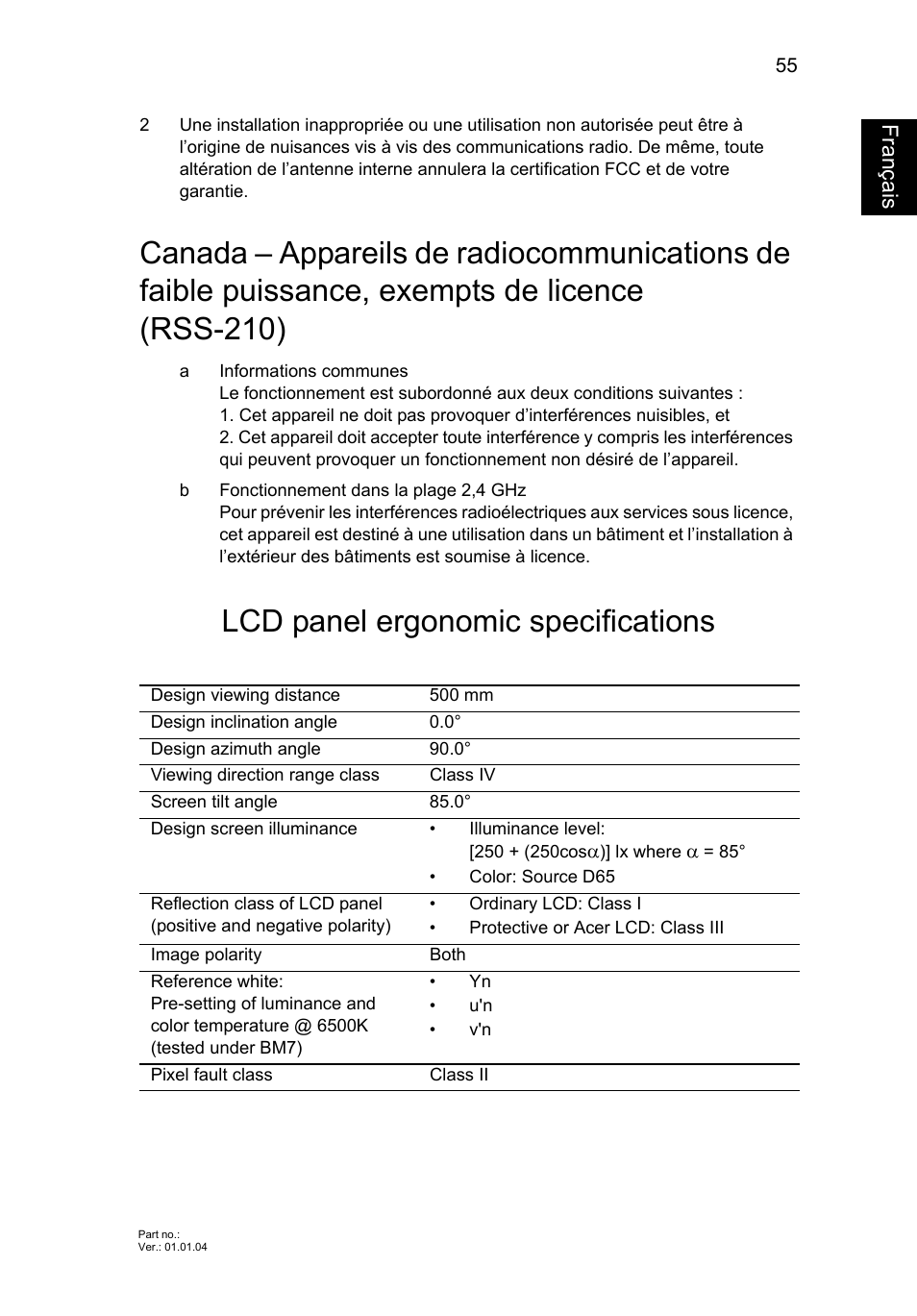 Lcd panel ergonomic specifications, Français | Acer Aspire V5-131 User Manual | Page 147 / 2228