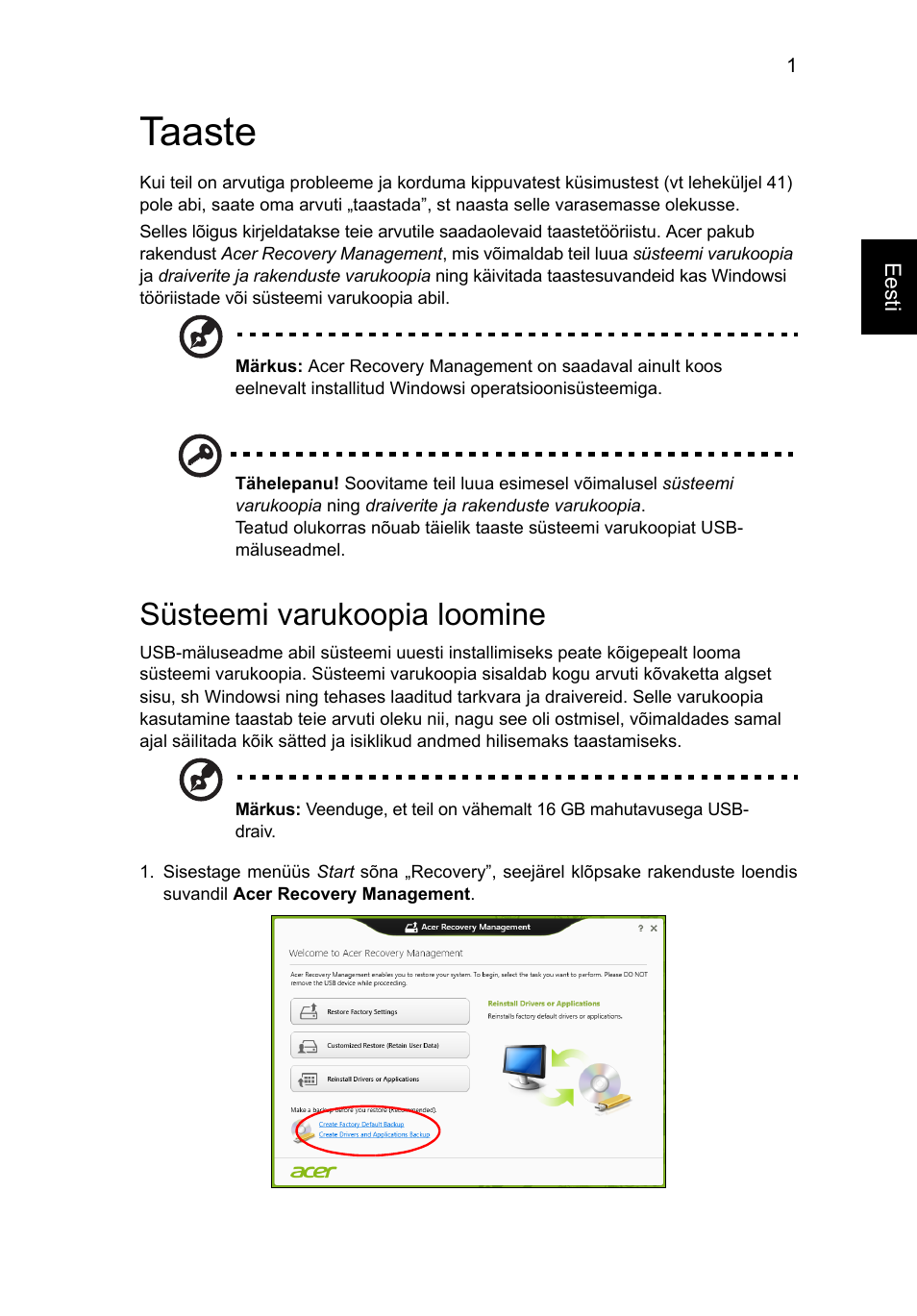 Taaste, Süsteemi varukoopia loomine | Acer Aspire V5-131 User Manual | Page 1519 / 2228