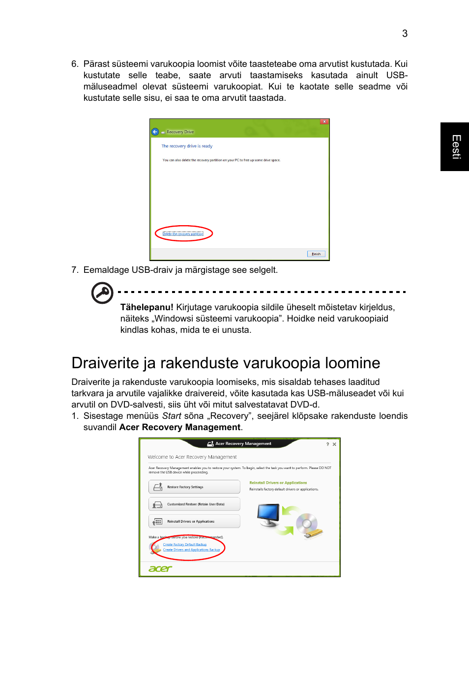 Draiverite ja rakenduste varukoopia loomine | Acer Aspire V5-131 User Manual | Page 1521 / 2228