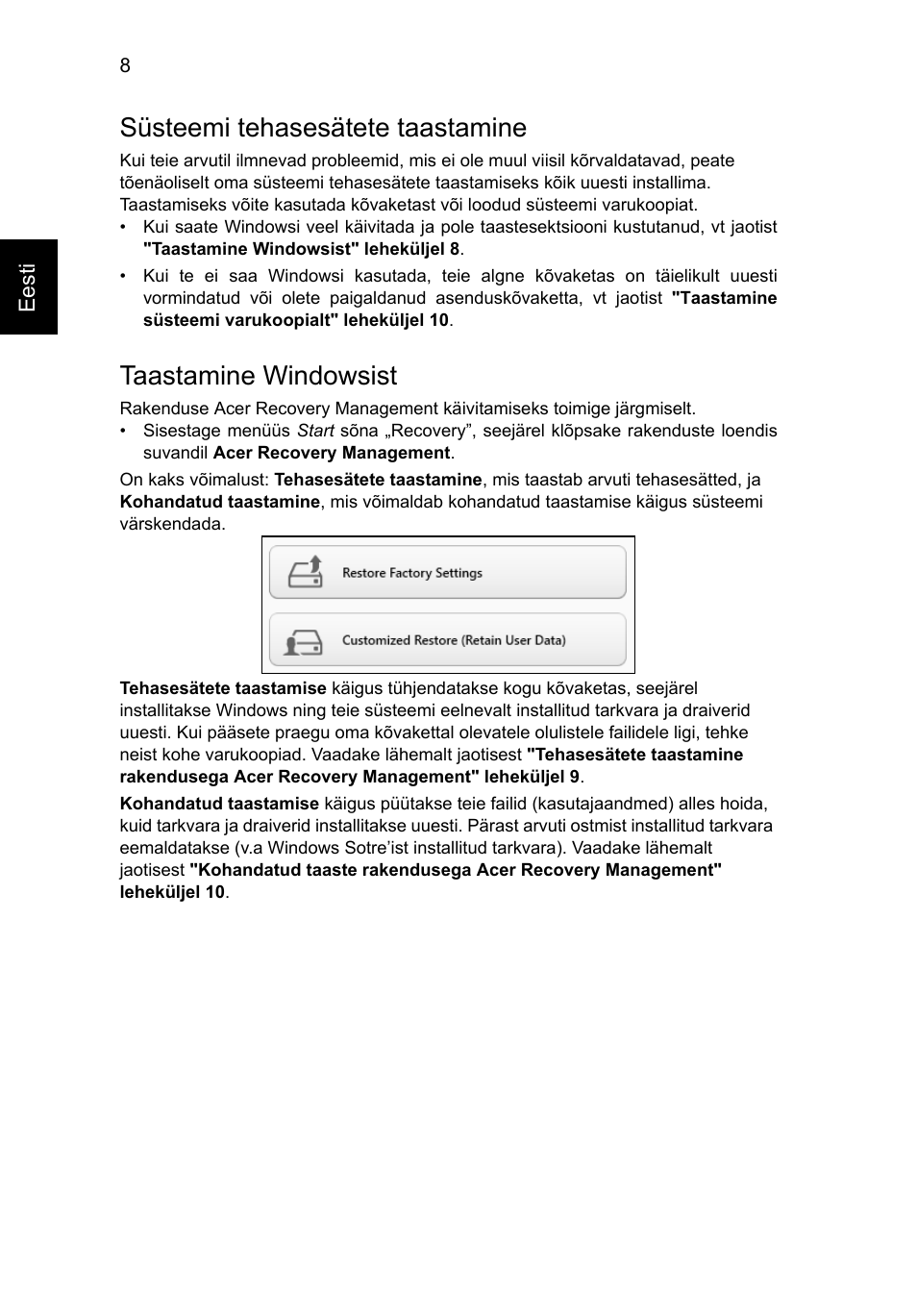 Süsteemi tehasesätete taastamine, Taastamine windowsist | Acer Aspire V5-131 User Manual | Page 1526 / 2228