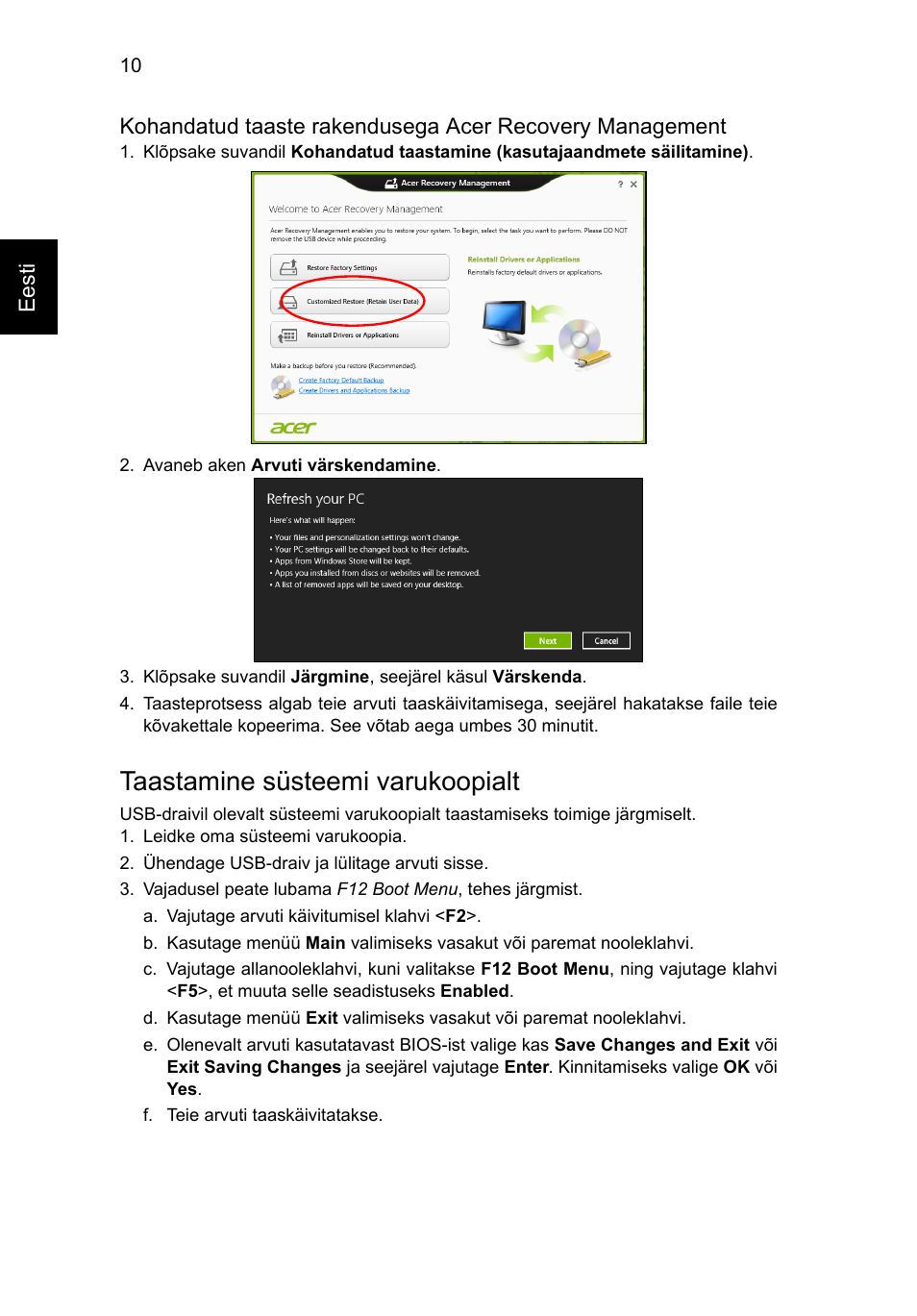 Taastamine süsteemi varukoopialt, Taastamine süsteemi varukoopialt" leheküljel 10 | Acer Aspire V5-131 User Manual | Page 1528 / 2228