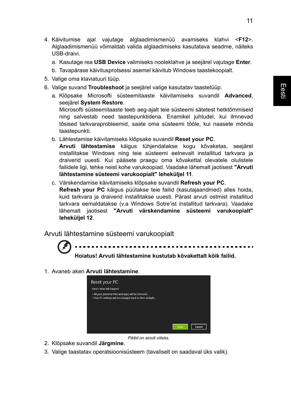 Eesti, Arvuti lähtestamine süsteemi varukoopialt | Acer Aspire V5-131 User Manual | Page 1529 / 2228