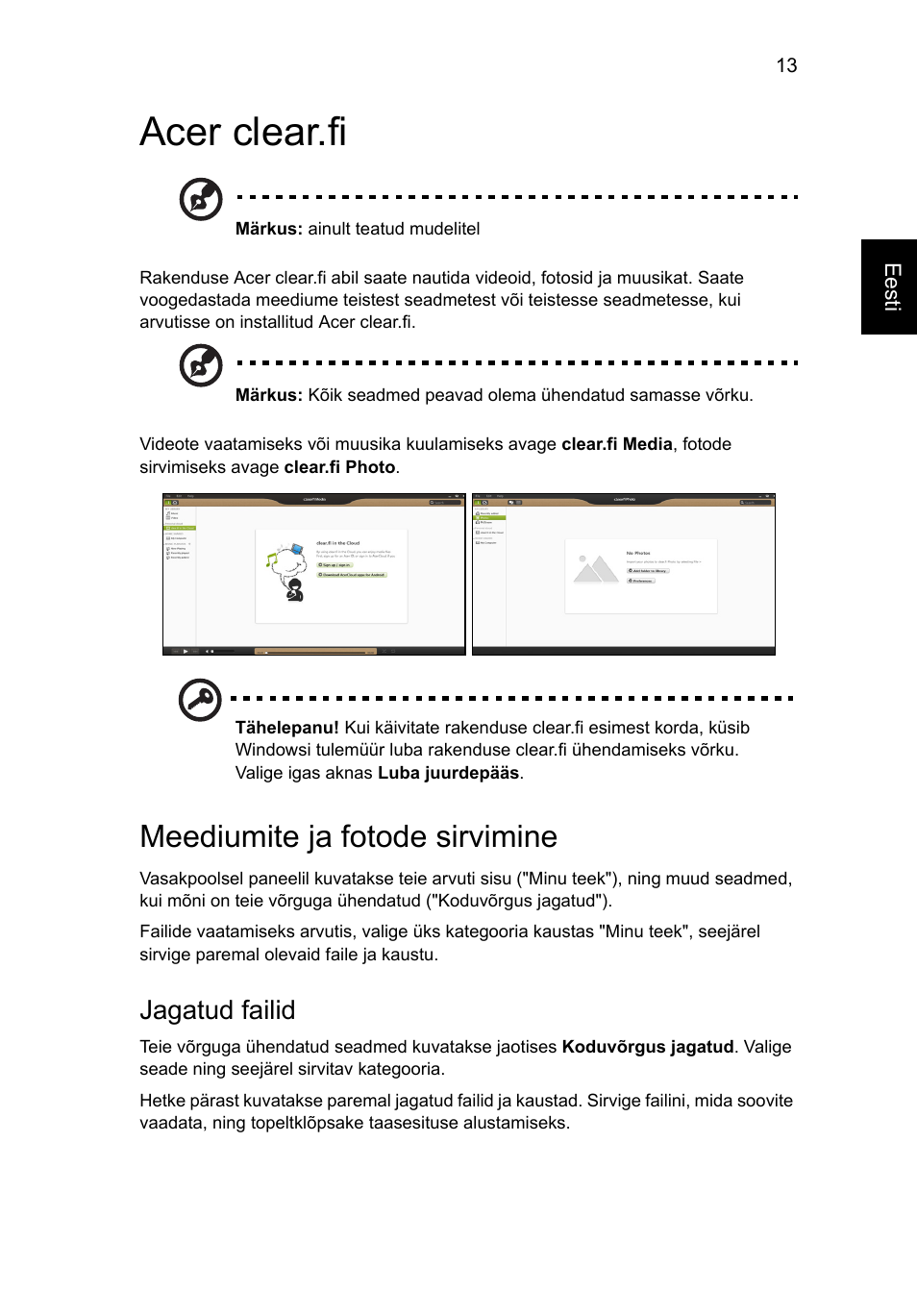 Acer clear.fi, Meediumite ja fotode sirvimine, Jagatud failid | Acer Aspire V5-131 User Manual | Page 1531 / 2228