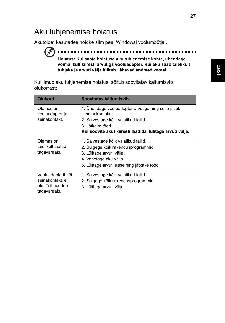 Aku tühjenemise hoiatus | Acer Aspire V5-131 User Manual | Page 1545 / 2228