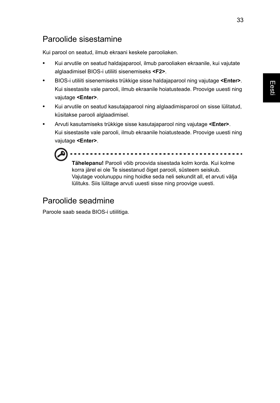 Paroolide sisestamine, Paroolide seadmine | Acer Aspire V5-131 User Manual | Page 1551 / 2228