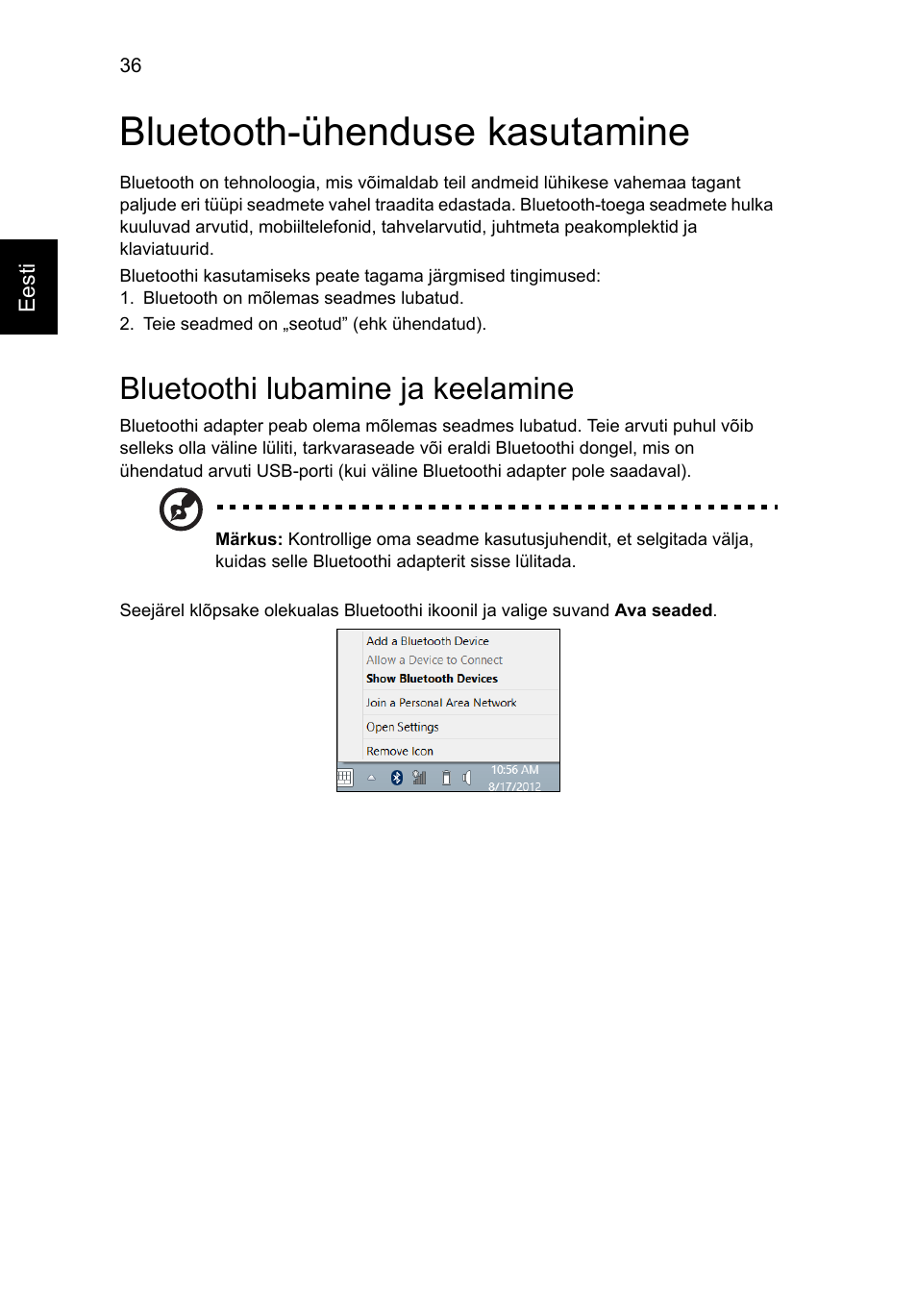 Bluetooth-ühenduse kasutamine, Bluetoothi lubamine ja keelamine | Acer Aspire V5-131 User Manual | Page 1554 / 2228