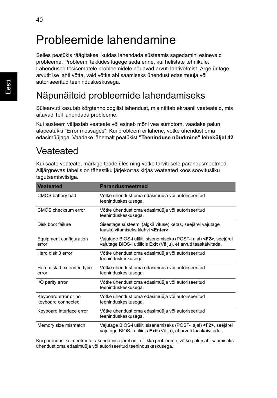 Probleemide lahendamine, Näpunäiteid probleemide lahendamiseks, Veateated | Eesti | Acer Aspire V5-131 User Manual | Page 1558 / 2228