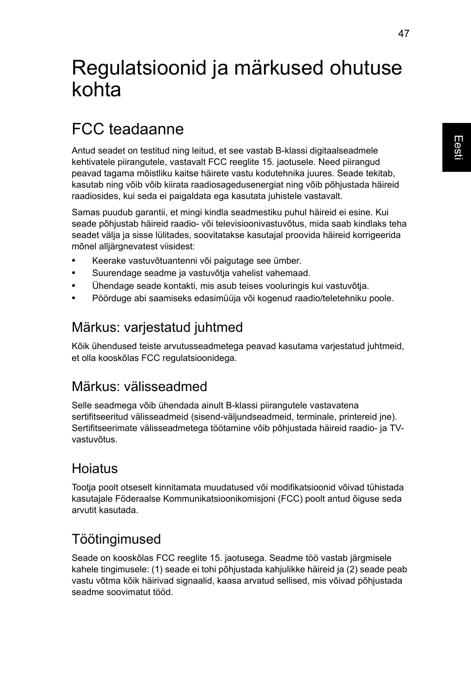 Regulatsioonid ja märkused ohutuse kohta, Fcc teadaanne, Märkus: varjestatud juhtmed | Märkus: välisseadmed, Hoiatus, Töötingimused | Acer Aspire V5-131 User Manual | Page 1565 / 2228