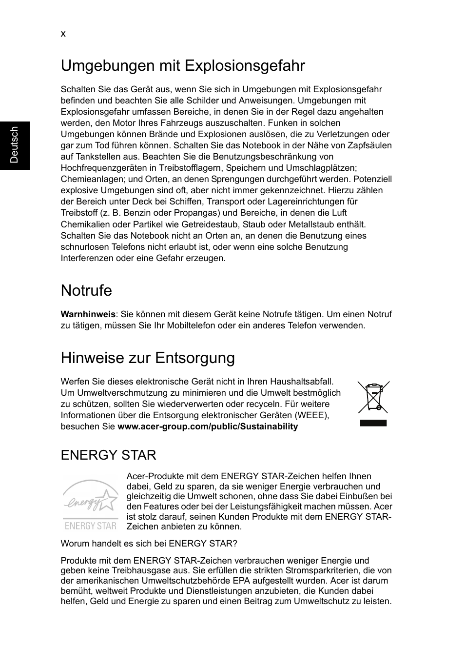 Umgebungen mit explosionsgefahr, Notrufe, Hinweise zur entsorgung | Energy star | Acer Aspire V5-131 User Manual | Page 158 / 2228