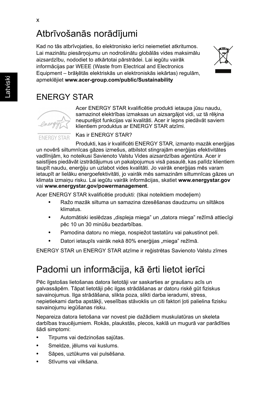 Atbrīvošanās norādījumi, Padomi un informācija, kā ērti lietot ierīci, Energy star | Acer Aspire V5-131 User Manual | Page 1580 / 2228