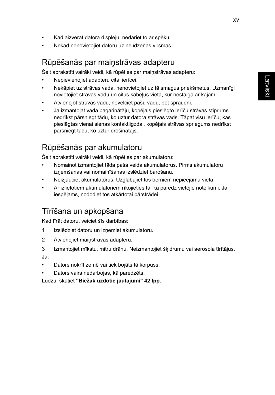 Rūpēšanās par maiņstrāvas adapteru, Rūpēšanās par akumulatoru, Tīrīšana un apkopšana | Acer Aspire V5-131 User Manual | Page 1585 / 2228