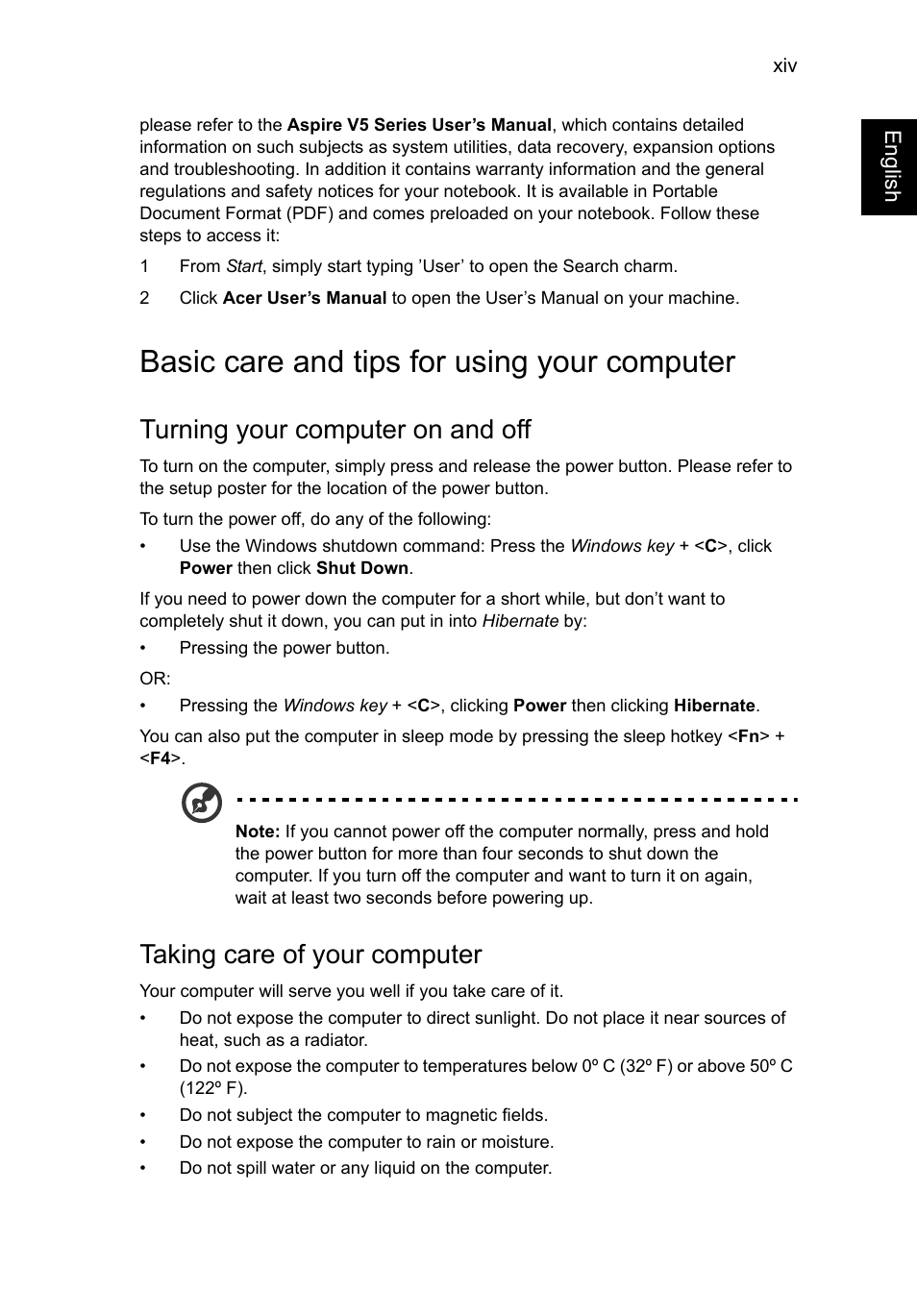 Basic care and tips for using your computer, Turning your computer on and off, Taking care of your computer | Acer Aspire V5-131 User Manual | Page 16 / 2228