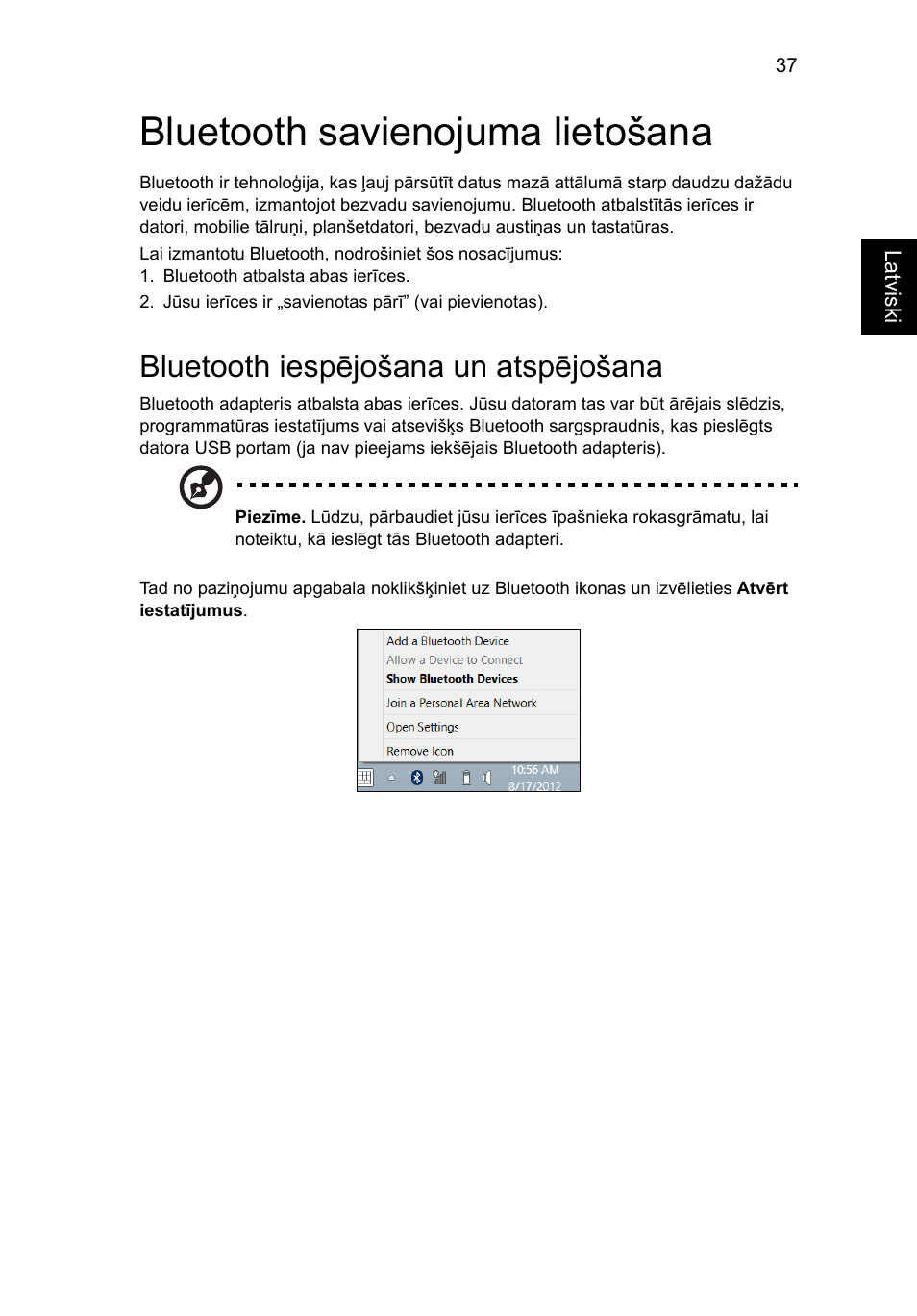 Bluetooth savienojuma lietošana, Bluetooth iespējošana un atspējošana | Acer Aspire V5-131 User Manual | Page 1627 / 2228