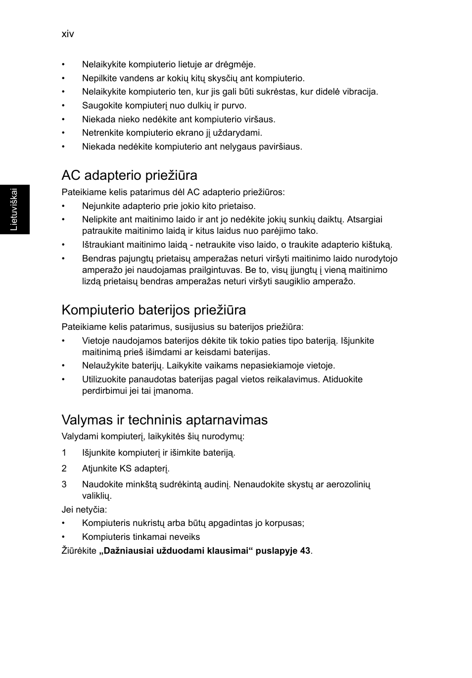 Ac adapterio priežiūra, Kompiuterio baterijos priežiūra, Valymas ir techninis aptarnavimas | Acer Aspire V5-131 User Manual | Page 1658 / 2228