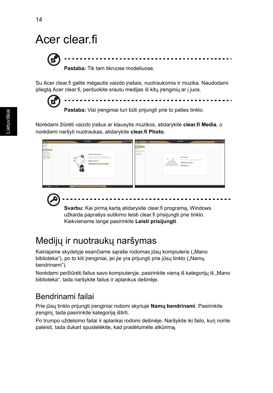 Acer clear.fi, Medijų ir nuotraukų naršymas, Bendrinami failai | Acer Aspire V5-131 User Manual | Page 1676 / 2228