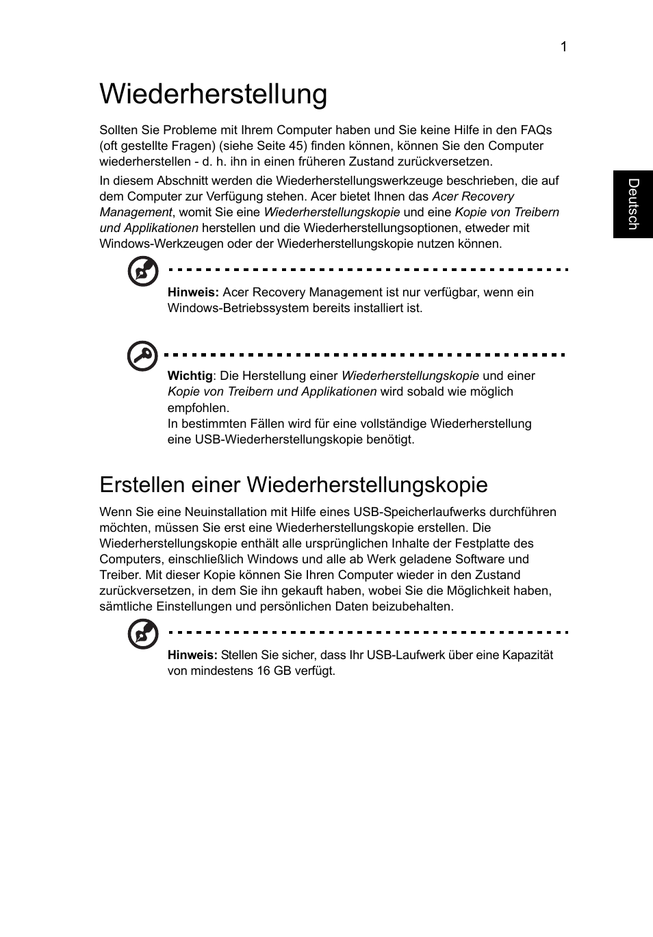 Wiederherstellung, Erstellen einer wiederherstellungskopie | Acer Aspire V5-131 User Manual | Page 171 / 2228