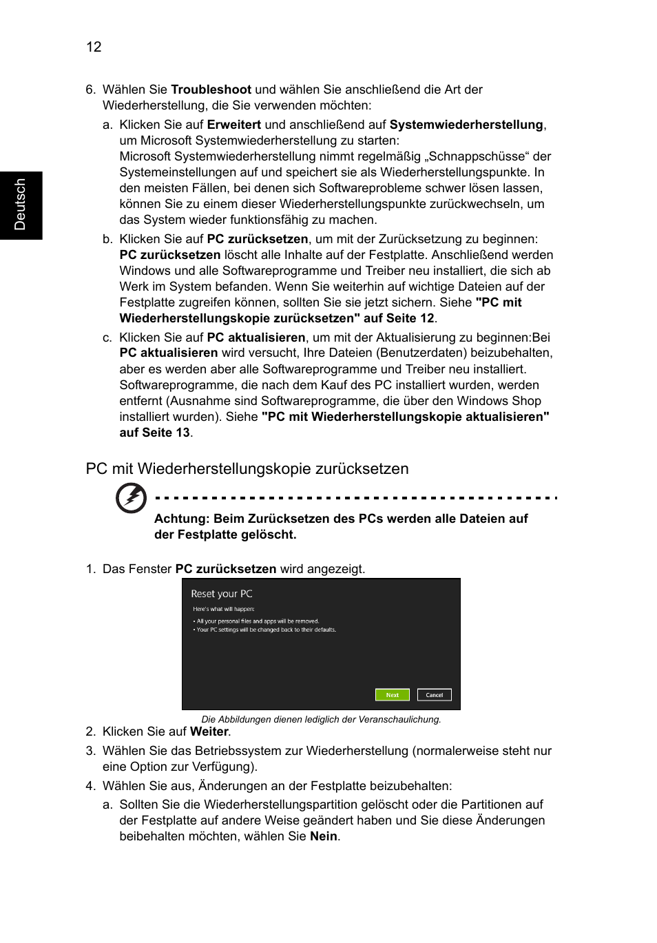 Pc mit wiederherstellungskopie zurücksetzen | Acer Aspire V5-131 User Manual | Page 182 / 2228