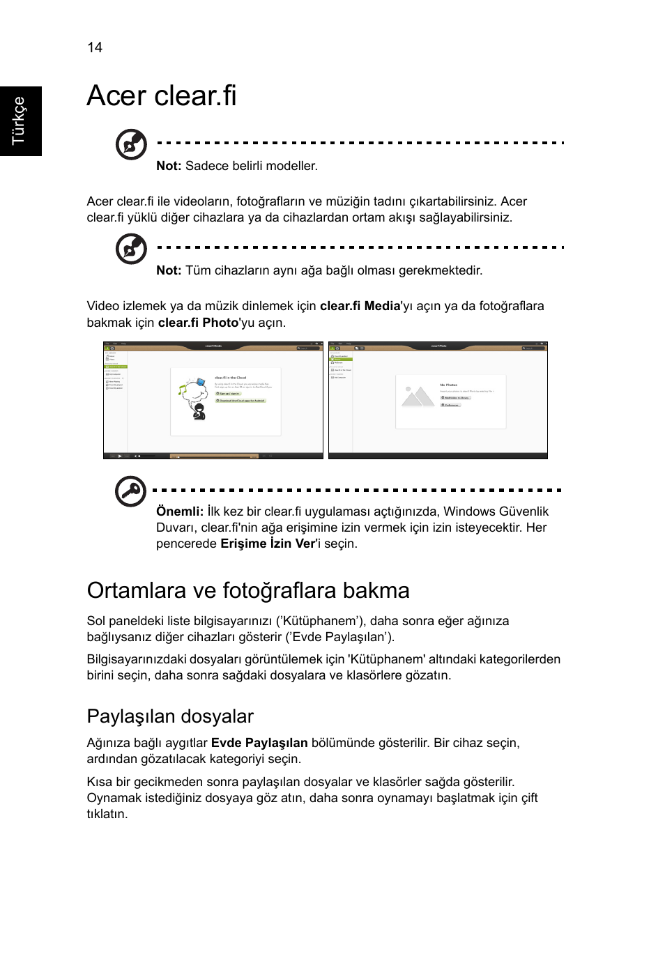 Acer clear.fi, Ortamlara ve fotoğraflara bakma, Paylaşılan dosyalar | Acer Aspire V5-131 User Manual | Page 1836 / 2228