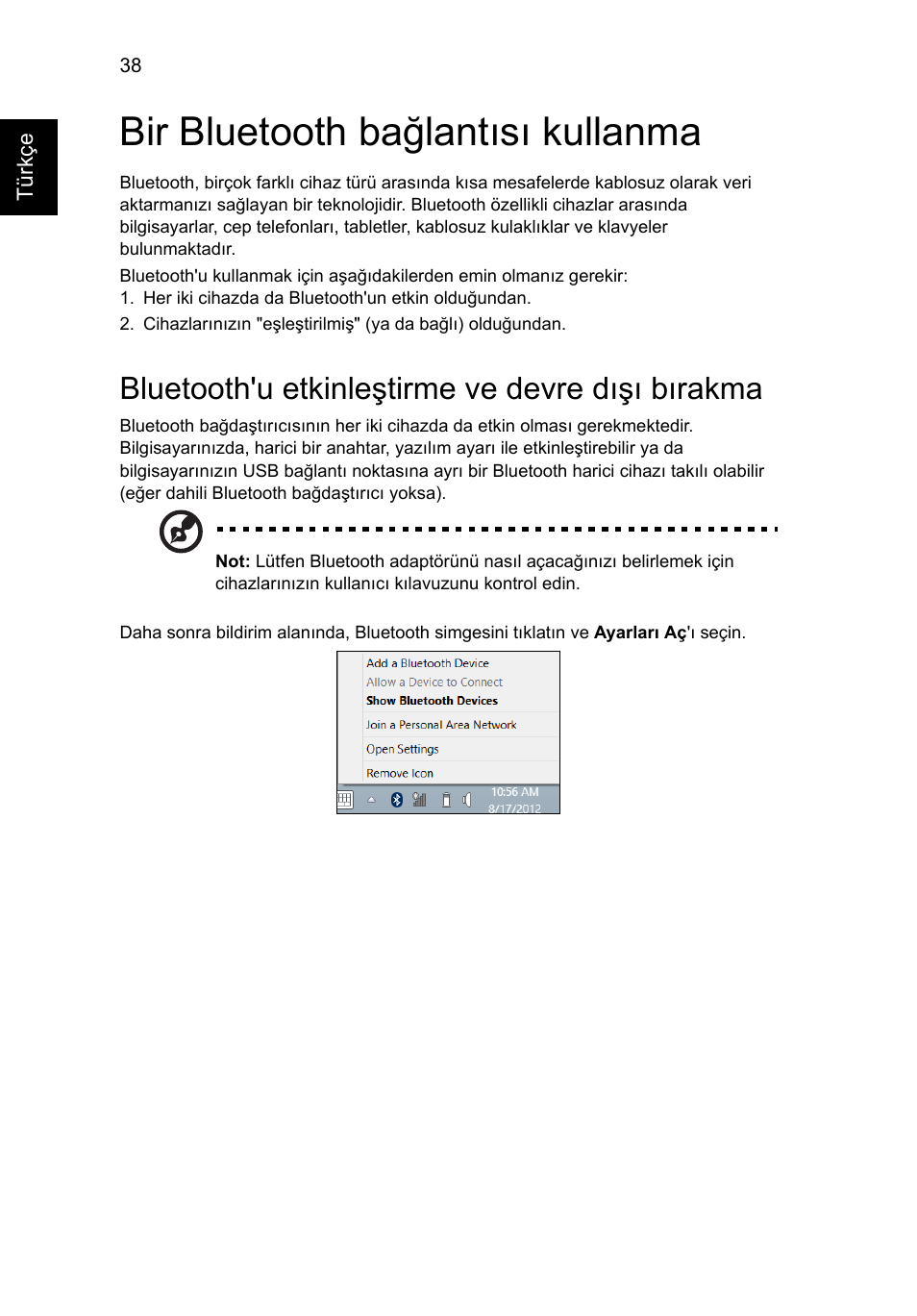 Bir bluetooth bağlantısı kullanma, Bluetooth'u etkinleştirme ve devre dışı bırakma | Acer Aspire V5-131 User Manual | Page 1860 / 2228